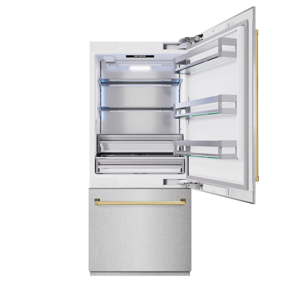 ZLINE Autograph Edition 36 in. 19.8 cu. ft. Built-In Bottom Freezer Refrigerator with Water Dispenser and Ice Maker in Satin Stainless Steel and Polished Gold Accents (RBITZ-SN-36-G) front, refrigeration compartment open.