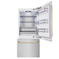 ZLINE Autograph Edition 36 in. 19.8 cu. ft. Built-In Bottom Freezer Refrigerator with Water Dispenser and Ice Maker in Satin Stainless Steel and Polished Gold Accents (RBITZ-SN-36-G) front, refrigeration compartment and bottom freezer open.