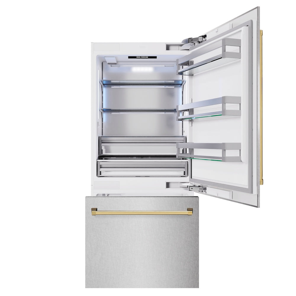 ZLINE Autograph Edition 36 in. 19.8 cu. ft. Built-In Bottom Freezer Refrigerator with Water Dispenser and Ice Maker in Satin Stainless Steel and Polished Gold Accents (RBITZ-SN-36-G) front, refrigeration compartment and bottom freezer open.