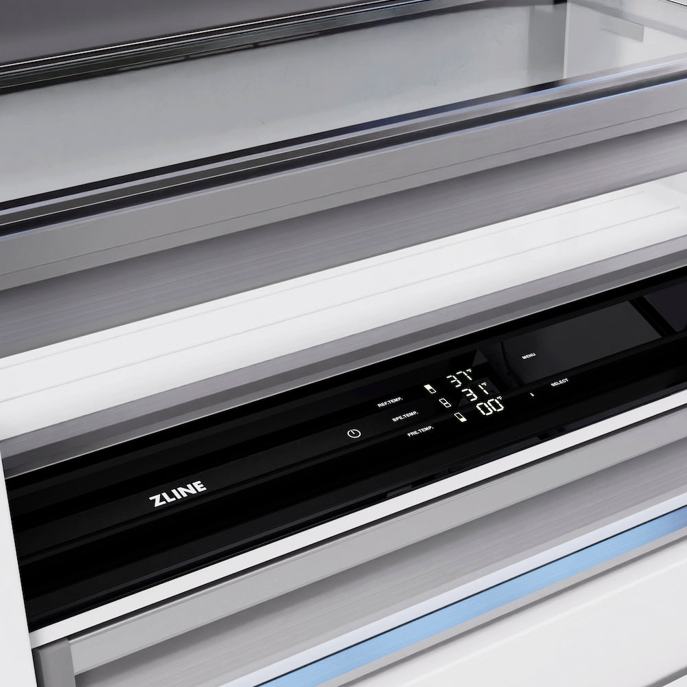 ZLINE Autograph Edition 36 in. 19.8 cu. ft. Built-In Bottom Freezer Refrigerator with Water Dispenser and Ice Maker in Satin Stainless Steel and Matte Black Accents (RBITZ-SN-36-MB) digital display and touch controls inside refrigeration compartment.
