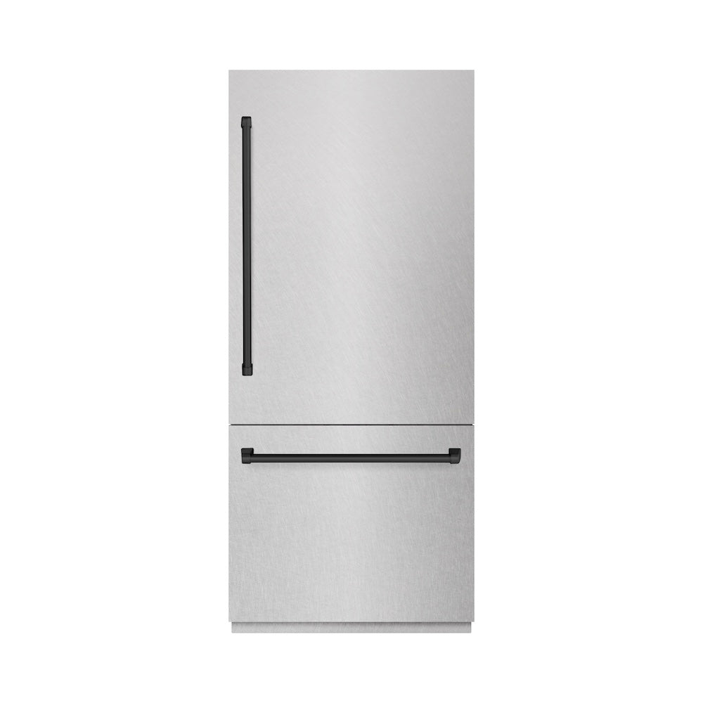ZLINE Autograph Edition 36 in. 19.8 cu. ft. Built-In Bottom Freezer Refrigerator with Water Dispenser and Ice Maker in Satin Stainless Steel and Matte Black Accents (RBITZ-SN-36-MB) main image.