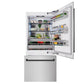 ZLINE Autograph Edition 36 in. 19.8 cu. ft. Built-In Bottom Freezer Refrigerator with Water Dispenser and Ice Maker in Satin Stainless Steel and Matte Black Accents (RBITZ-SN-36-MB) front, open, displaying various food and drink items.