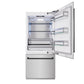 ZLINE Autograph Edition 36 in. 19.8 cu. ft. Built-In Bottom Freezer Refrigerator with Water Dispenser and Ice Maker in Satin Stainless Steel and Matte Black Accents (RBITZ-SN-36-MB) front, refrigeration compartment open.