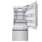 ZLINE Autograph Edition 36 in. 19.8 cu. ft. Built-In Bottom Freezer Refrigerator with Water Dispenser and Ice Maker in Satin Stainless Steel and Matte Black Accents (RBITZ-SN-36-MB) front, refrigeration compartment and bottom freezer open.