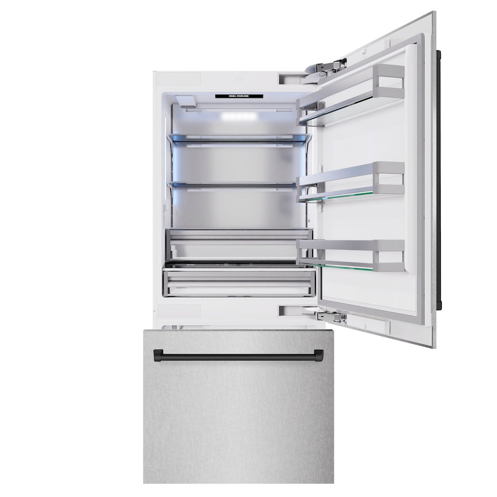 ZLINE Autograph Edition 36 in. 19.8 cu. ft. Built-In Bottom Freezer Refrigerator with Water Dispenser and Ice Maker in Satin Stainless Steel and Matte Black Accents (RBITZ-SN-36-MB) front, refrigeration compartment and bottom freezer open.