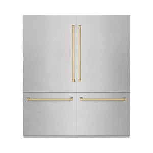 ZLINE Autograph Edition 72 in. 39.6 cu. ft. French Door Built-In Bottom Freezer Refrigerator with Water Dispensers and Ice Makers in Satin Stainless Steel and Champagne Bronze Accents (RBITZ-SN-72-CB) main image.