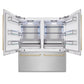 ZLINE Autograph Edition 72 in. 39.6 cu. ft. French Door Built-In Bottom Freezer Refrigerator with Water Dispensers and Ice Makers in Satin Stainless Steel and Champagne Bronze Accents (RBITZ-SN-72-CB) front, refrigeration compartment open.