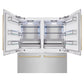 ZLINE Autograph Edition 72 in. 39.6 cu. ft. French Door Built-In Bottom Freezer Refrigerator with Water Dispensers and Ice Makers in Satin Stainless Steel and Champagne Bronze Accents (RBITZ-SN-72-CB) front, refrigeration compartment and bottom freezer open.