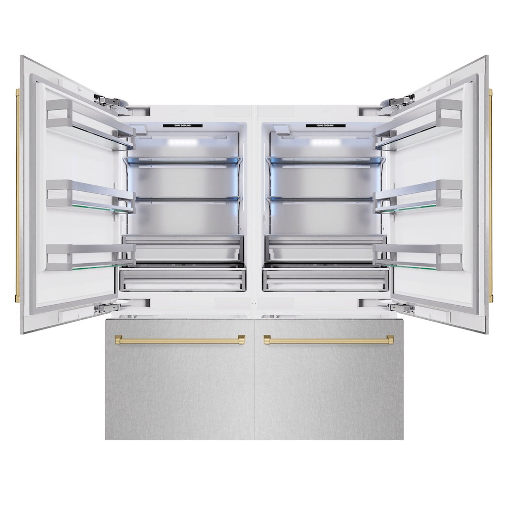 ZLINE Autograph Edition 72 in. 39.6 cu. ft. French Door Built-In Bottom Freezer Refrigerator with Water Dispensers and Ice Makers in Satin Stainless Steel and Champagne Bronze Accents (RBITZ-SN-72-CB) front, refrigeration compartment and bottom freezer open.