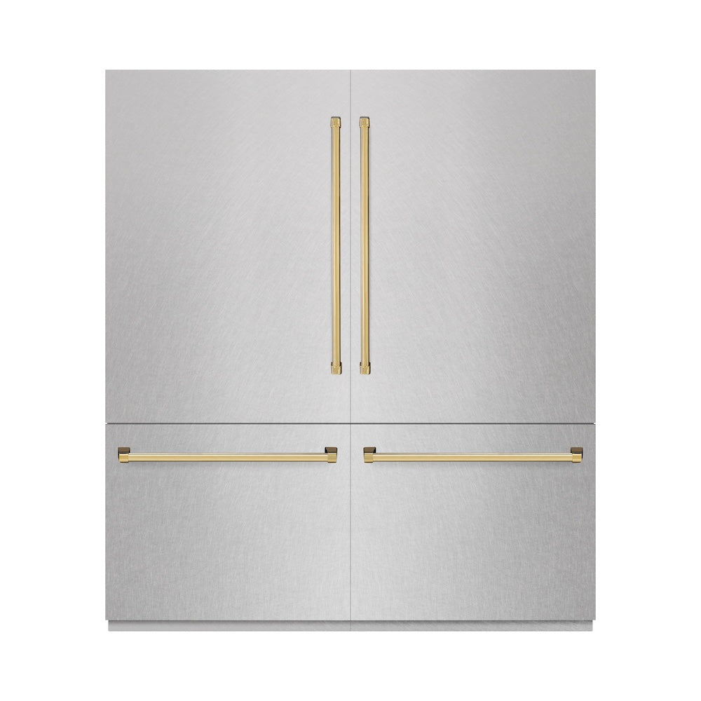 ZLINE Autograph Edition 72 in. 39.6 cu. ft. French Door Built-In Bottom Freezer Refrigerator with Water Dispensers and Ice Makers in Satin Stainless Steel and Polished Gold Accents (RBITZ-SN-72-G) main image.