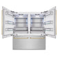 ZLINE Autograph Edition 72 in. 39.6 cu. ft. French Door Built-In Bottom Freezer Refrigerator with Water Dispensers and Ice Makers in Satin Stainless Steel and Polished Gold Accents (RBITZ-SN-72-G) front, refrigeration compartment open.