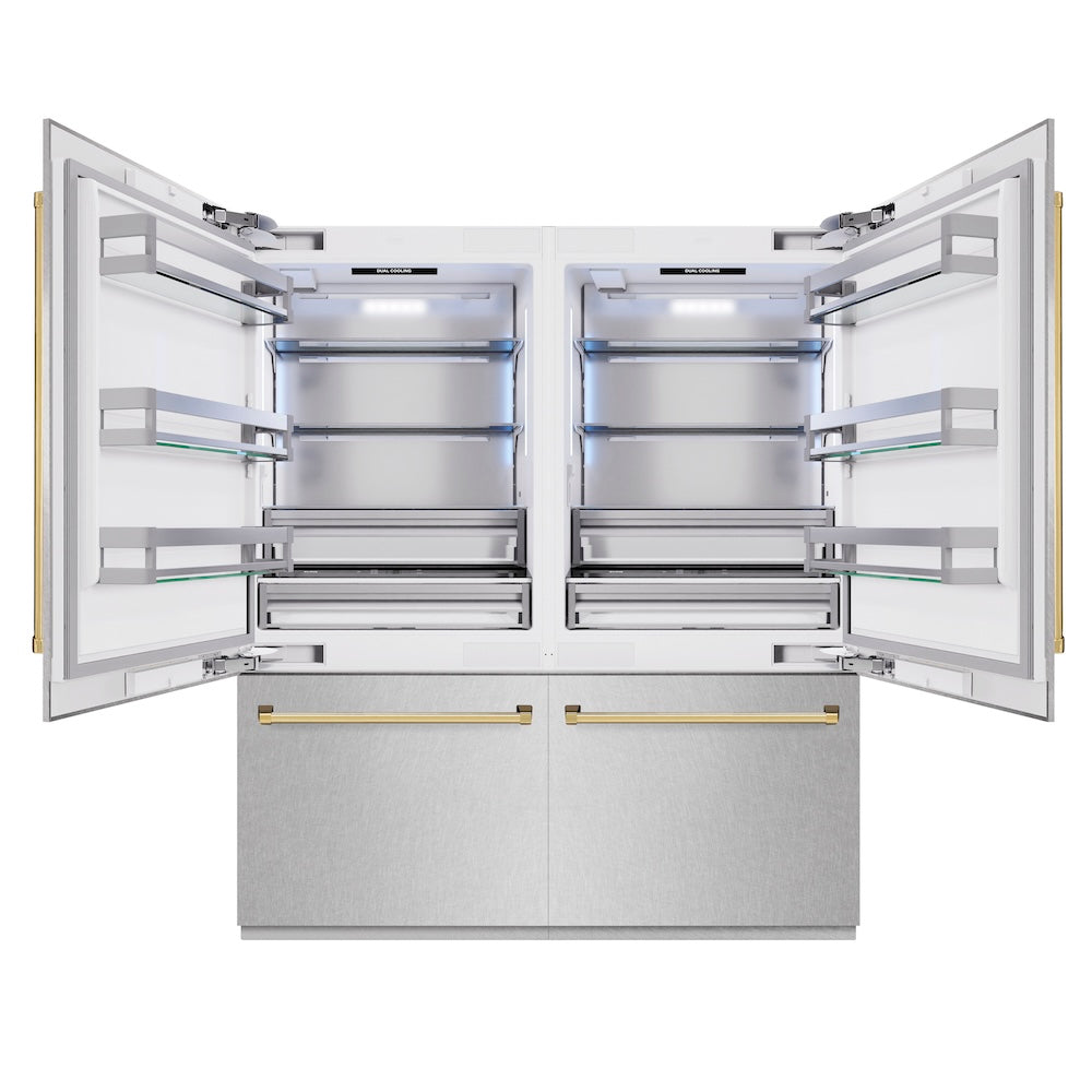 ZLINE Autograph Edition 72 in. 39.6 cu. ft. French Door Built-In Bottom Freezer Refrigerator with Water Dispensers and Ice Makers in Satin Stainless Steel and Polished Gold Accents (RBITZ-SN-72-G) front, refrigeration compartment open.