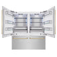 ZLINE Autograph Edition 72 in. 39.6 cu. ft. French Door Built-In Bottom Freezer Refrigerator with Water Dispensers and Ice Makers in Satin Stainless Steel and Polished Gold Accents (RBITZ-SN-72-G) front, refrigeration compartment and bottom freezer open.