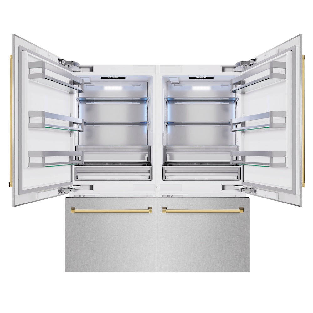 ZLINE Autograph Edition 72 in. 39.6 cu. ft. French Door Built-In Bottom Freezer Refrigerator with Water Dispensers and Ice Makers in Satin Stainless Steel and Polished Gold Accents (RBITZ-SN-72-G) front, refrigeration compartment and bottom freezer open.