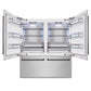 ZLINE Autograph Edition 72 in. 39.6 cu. ft. French Door Built-In Bottom Freezer Refrigerator with Water Dispensers and Ice Makers in Satin Stainless Steel and Matte Black Accents (RBITZ-SN-72-MB) front, refrigeration compartment open.