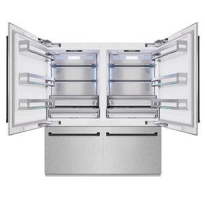 ZLINE Autograph Edition 72 in. 39.6 cu. ft. French Door Built-In Bottom Freezer Refrigerator with Water Dispensers and Ice Makers in Satin Stainless Steel and Matte Black Accents (RBITZ-SN-72-MB) front, refrigeration compartment open.