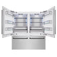 ZLINE Autograph Edition 72 in. 39.6 cu. ft. French Door Built-In Bottom Freezer Refrigerator with Water Dispensers and Ice Makers in Satin Stainless Steel and Matte Black Accents (RBITZ-SN-72-MB) front, refrigeration compartment and bottom freezer open.
