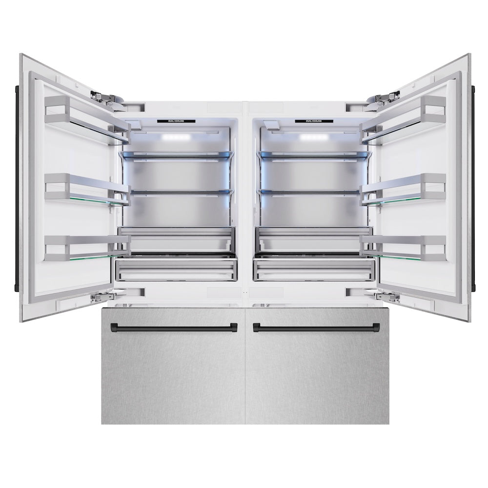 ZLINE Autograph Edition 72 in. 39.6 cu. ft. French Door Built-In Bottom Freezer Refrigerator with Water Dispensers and Ice Makers in Satin Stainless Steel and Matte Black Accents (RBITZ-SN-72-MB) front, refrigeration compartment and bottom freezer open.