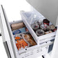 ZLINE 30 in. 16.1 cu. ft. Built-In Bottom Freezer Refrigerator with Water Dispenser and Ice Maker in Satin Stainless Steel (RBIV-SN-30) bottom freezer open filled with frozen food items.