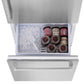 ZLINE 30 in. 16.1 cu. ft. Built-In Bottom Freezer Refrigerator with Water Dispenser and Ice Maker in Satin Stainless Steel (RBIV-SN-30) bottom freezer open filled with frozen food items.