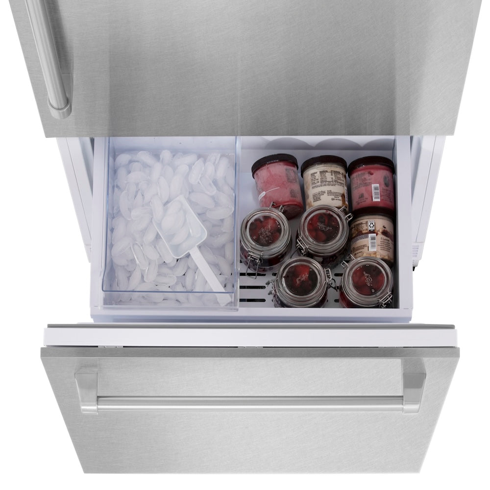 ZLINE 30 in. 16.1 cu. ft. Built-In Bottom Freezer Refrigerator with Water Dispenser and Ice Maker in Satin Stainless Steel (RBIV-SN-30) bottom freezer open filled with frozen food items.