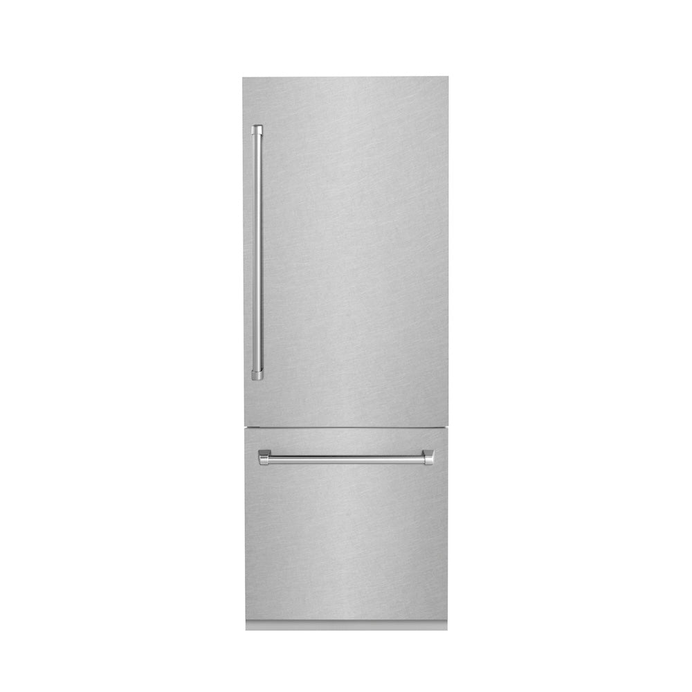 ZLINE 30 in. 16.1 cu. ft. Built-In Bottom Freezer Refrigerator with Water Dispenser and Ice Maker in Satin Stainless Steel (RBIV-SN-30) front, closed.