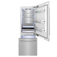 ZLINE 30 in. 16.1 cu. ft. Built-In Bottom Freezer Refrigerator with Water Dispenser and Ice Maker in Satin Stainless Steel (RBIV-SN-30) front, refrigeration compartment and bottom freezer drawer open with lights activated.