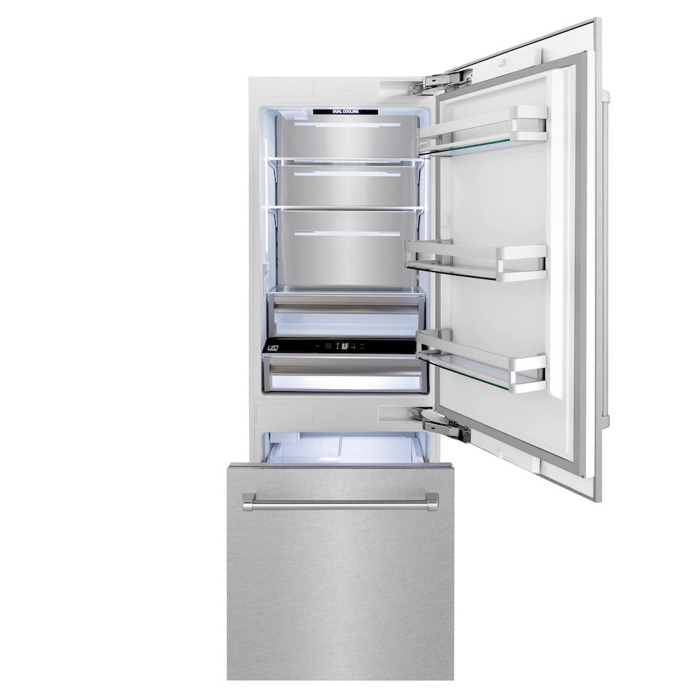 ZLINE 30 in. 16.1 cu. ft. Built-In Bottom Freezer Refrigerator with Water Dispenser and Ice Maker in Satin Stainless Steel (RBIV-SN-30) front, refrigeration compartment and bottom freezer drawer open with lights activated.