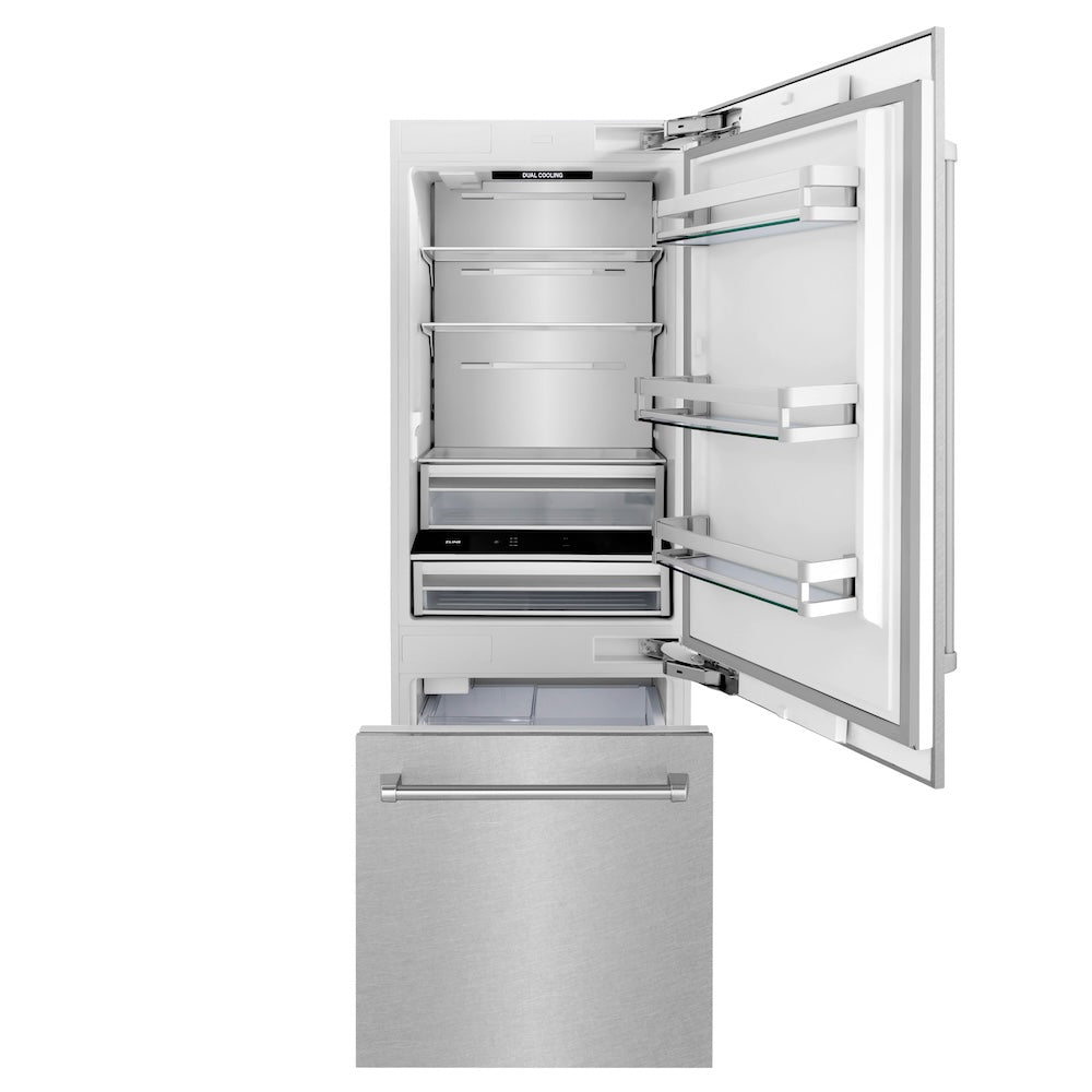 ZLINE 30 in. 16.1 cu. ft. Built-In Bottom Freezer Refrigerator with Water Dispenser and Ice Maker in Satin Stainless Steel (RBIV-SN-30) front, refrigeration compartment and bottom freezer drawer open.