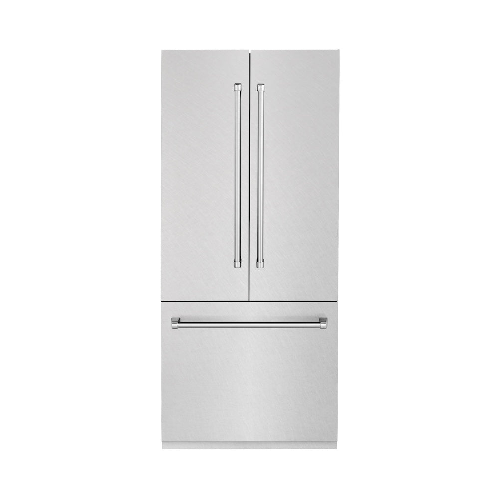 ZLINE 36 in. 19.6 cu. ft. French Door Built-In Bottom Freezer Refrigerator with Water Dispenser and Ice Maker in Satin Stainless Steel (RBIV-SN-36) front, closed.