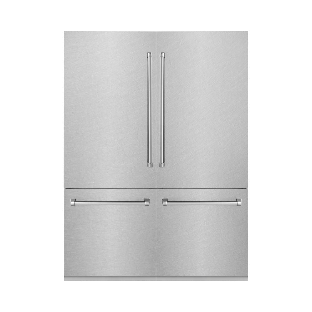 ZLINE 60 in. 32.2 cu. ft. French Door Built-In Bottom Freezer Refrigerator with Water Dispensers and Ice Makers in Satin Stainless Steel (RBIV-SN-60) front, closed.