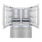 ZLINE 60 in. 32.2 cu. ft. French Door Built-In Bottom Freezer Refrigerator with Water Dispensers and Ice Makers in Satin Stainless Steel (RBIV-SN-60) front, refrigeration compartment and bottom freezer drawer open with lights activated.