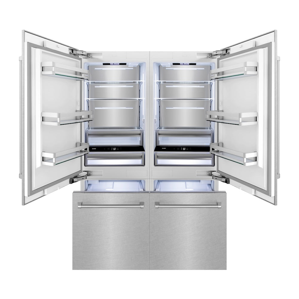 ZLINE 60 in. 32.2 cu. ft. French Door Built-In Bottom Freezer Refrigerator with Water Dispensers and Ice Makers in Satin Stainless Steel (RBIV-SN-60) front, refrigeration compartment and bottom freezer drawer open with lights activated.