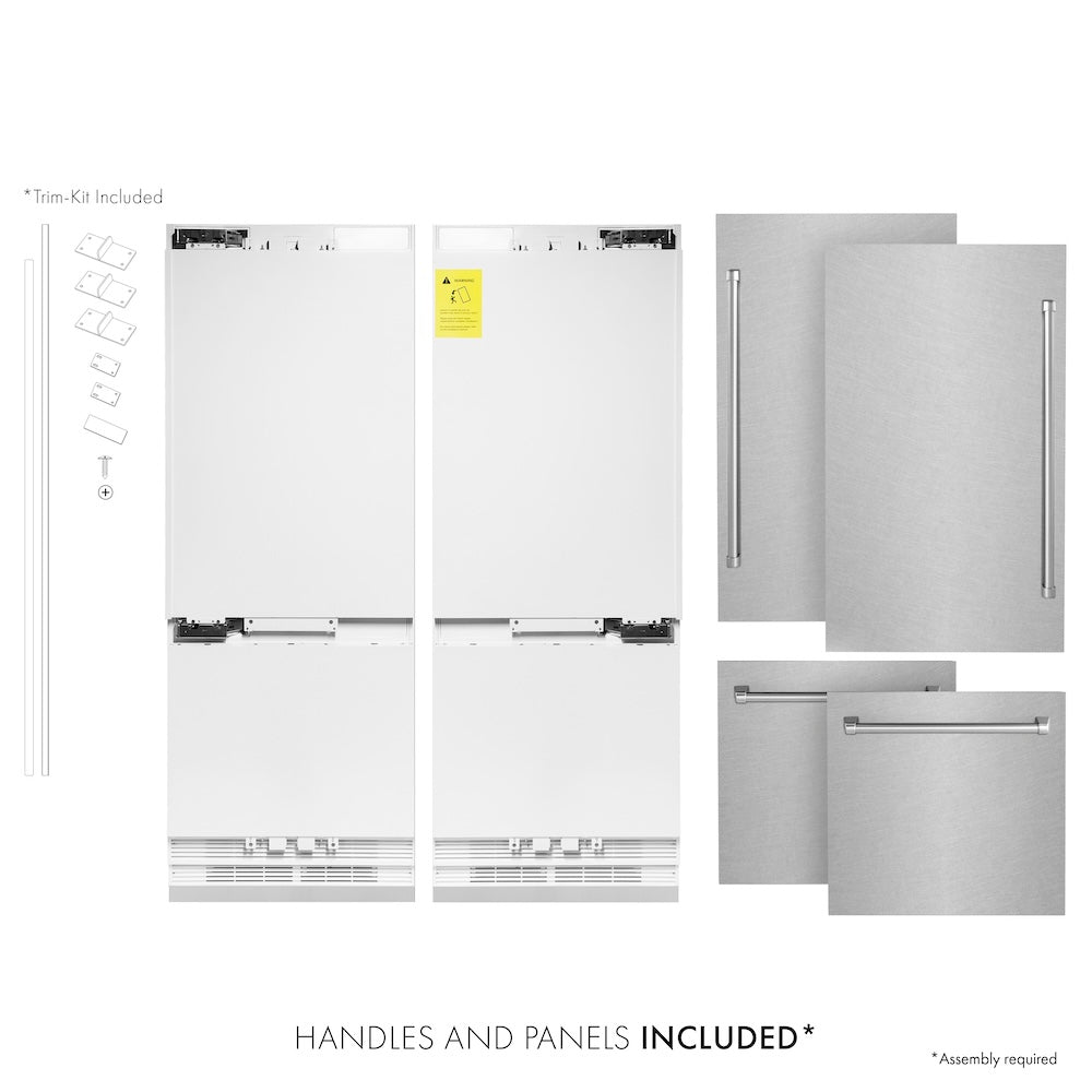 ZLINE 60 in. 32.2 cu. ft. French Door Built-In Bottom Freezer Refrigerator with Water Dispensers and Ice Makers in Satin Stainless Steel (RBIV-SN-60) refrigeration unit next to handles and panels.