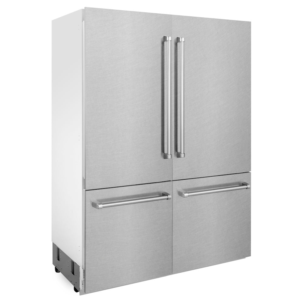 ZLINE 60 in. 32.2 cu. ft. French Door Built-In Bottom Freezer Refrigerator with Water Dispensers and Ice Makers in Satin Stainless Steel (RBIV-SN-60) side.