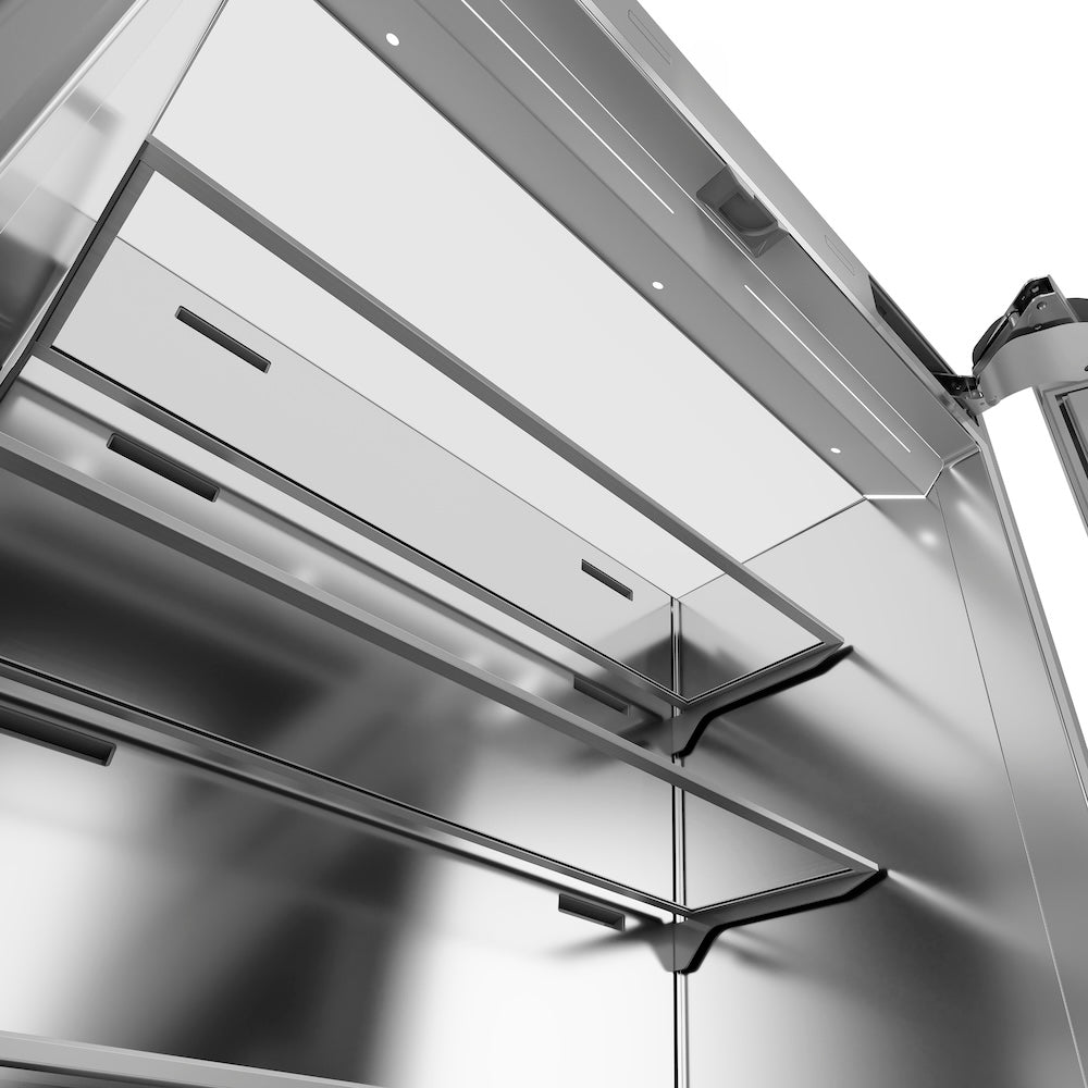 ZLINE 36 in. 19.6 cu. ft. French Door Built-In Bottom Freezer Refrigerator with Water Dispenser and Ice Maker in Satin Stainless Steel with Stainless Steel Interior (SRBIV-SN-36) Full Ceiling LED Lighting inside refrigeration compartment.