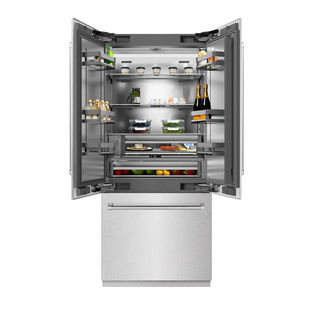 ZLINE 36 in. 19.6 cu. ft. French Door Built-In Bottom Freezer Refrigerator with Water Dispenser and Ice Maker in Satin Stainless Steel with Stainless Steel Interior (SRBIV-SN-36) front, open, displaying various food and drink items.