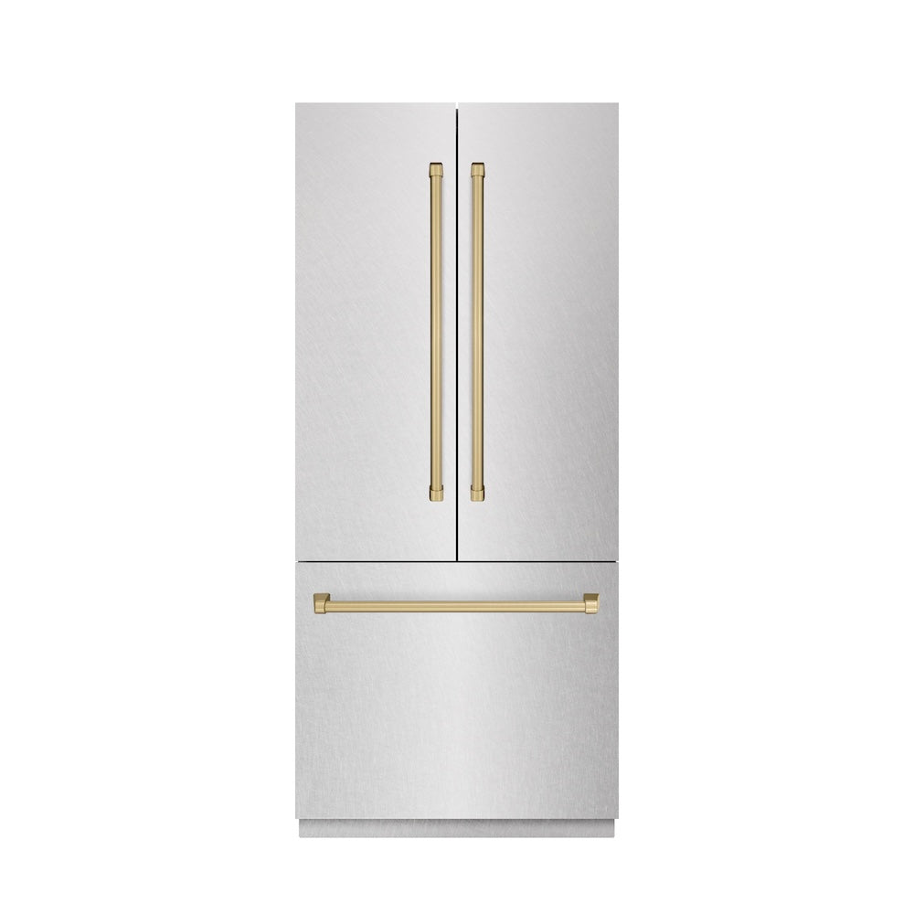 ZLINE Autograph Edition 36 in. 19.6 cu. ft. French Door Built-In Bottom Freezer Refrigerator with Water Dispenser and Ice Maker in Satin Stainless Steel with Stainless Steel Interior and Champagne Bronze Accents (SRBIVZ-SN-36-CB) main image.