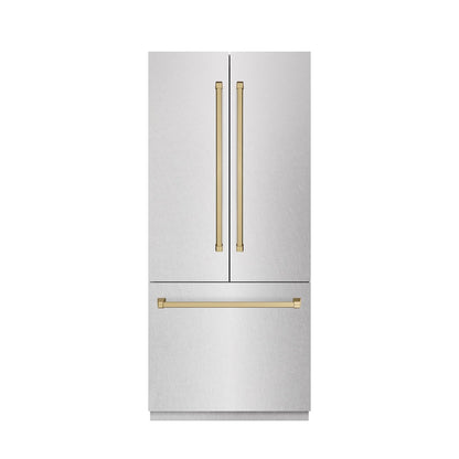 ZLINE Autograph Edition 36 in. 19.6 cu. ft. French Door Built-In Bottom Freezer Refrigerator with Water Dispenser and Ice Maker in Satin Stainless Steel with Stainless Steel Interior and Champagne Bronze Accents (SRBIVZ-SN-36-CB)