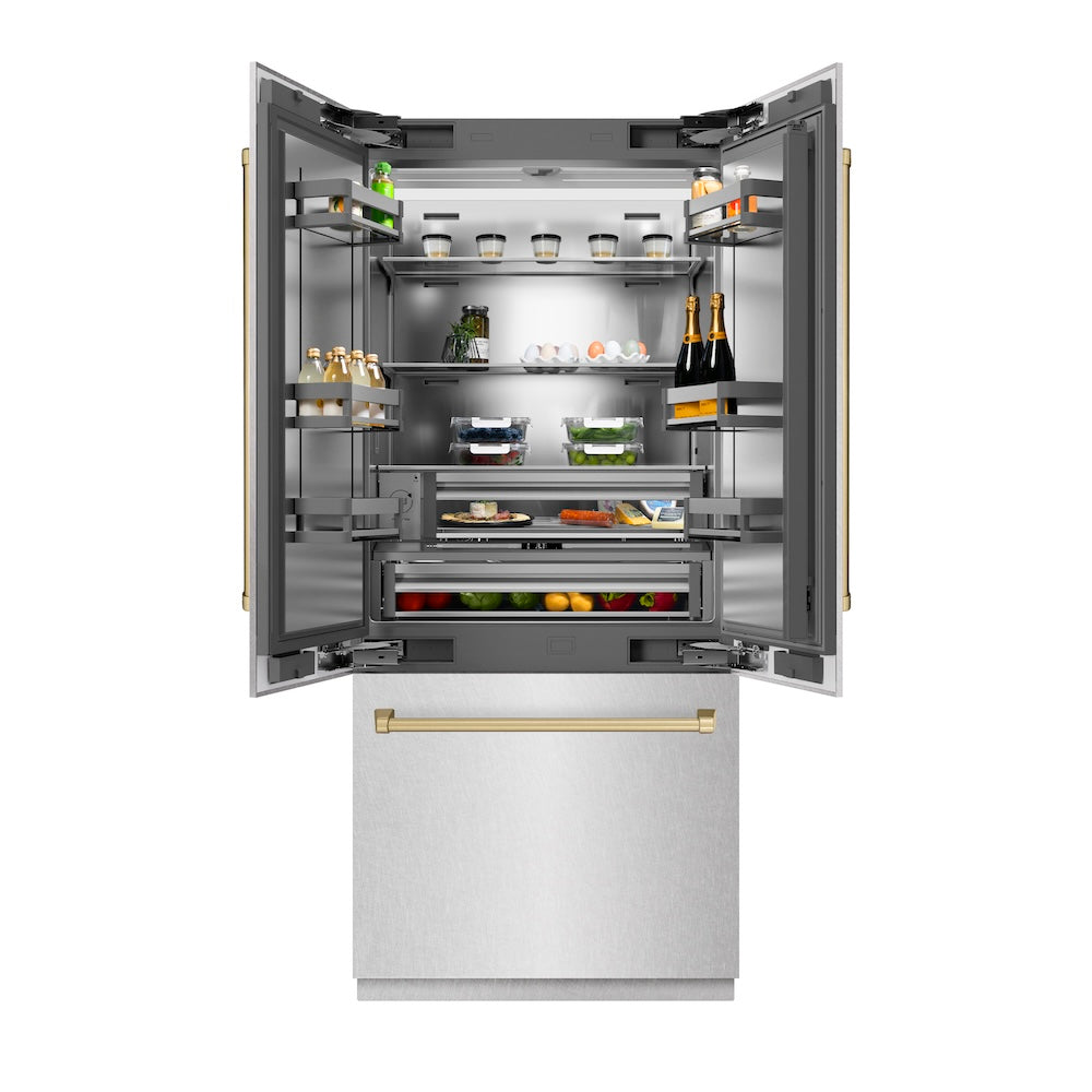 ZLINE Autograph Edition 36 in. 19.6 cu. ft. French Door Built-In Bottom Freezer Refrigerator with Water Dispenser and Ice Maker in Satin Stainless Steel with Stainless Steel Interior and Champagne Bronze Accents (SRBIVZ-SN-36-CB) front, open, displaying various food and drink items.