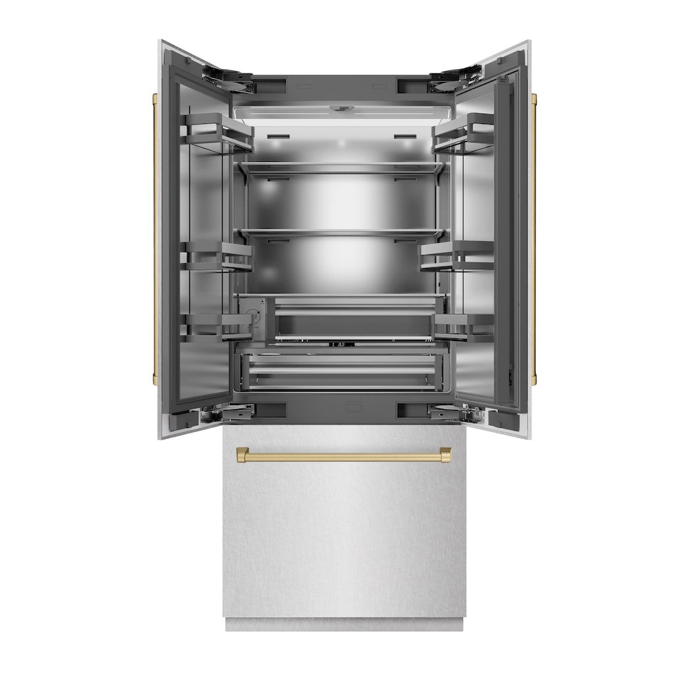 ZLINE Autograph Edition 36 in. 19.6 cu. ft. French Door Built-In Bottom Freezer Refrigerator with Water Dispenser and Ice Maker in Satin Stainless Steel with Stainless Steel Interior and Champagne Bronze Accents (SRBIVZ-SN-36-CB) front, refrigeration compartment open.