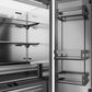 ZLINE Autograph Edition 36 in. 19.6 cu. ft. French Door Built-In Bottom Freezer Refrigerator with Water Dispenser and Ice Maker in Satin Stainless Steel with Stainless Steel Interior and Polished Gold Accents (SRBIVZ-SN-36-G) refrigeration compartment open, with multiple shelves and drawers.