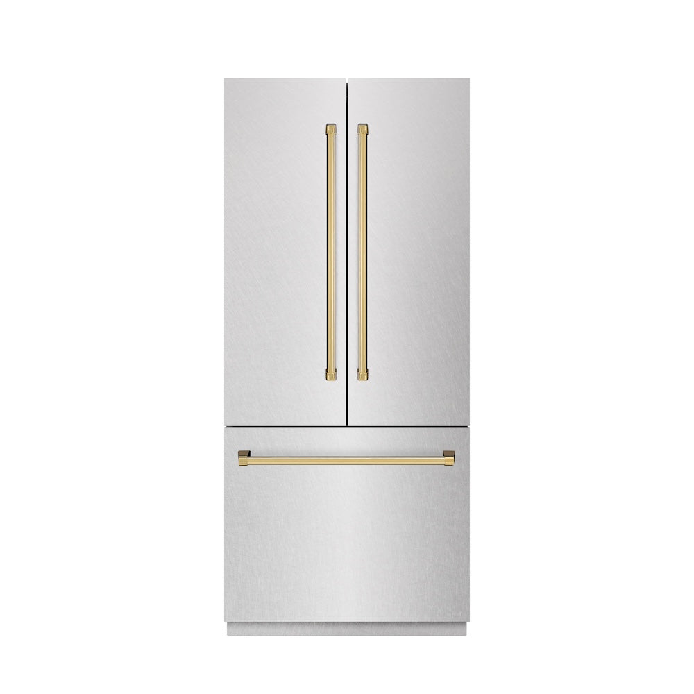 ZLINE Autograph Edition 36 in. 19.6 cu. ft. French Door Built-In Bottom Freezer Refrigerator with Water Dispenser and Ice Maker in Satin Stainless Steel with Stainless Steel Interior and Polished Gold Accents (SRBIVZ-SN-36-G) main image.