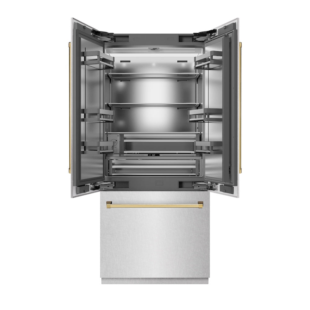 ZLINE Autograph Edition 36 in. 19.6 cu. ft. French Door Built-In Bottom Freezer Refrigerator with Water Dispenser and Ice Maker in Satin Stainless Steel with Stainless Steel Interior and Polished Gold Accents (SRBIVZ-SN-36-G) front, refrigeration compartment open.