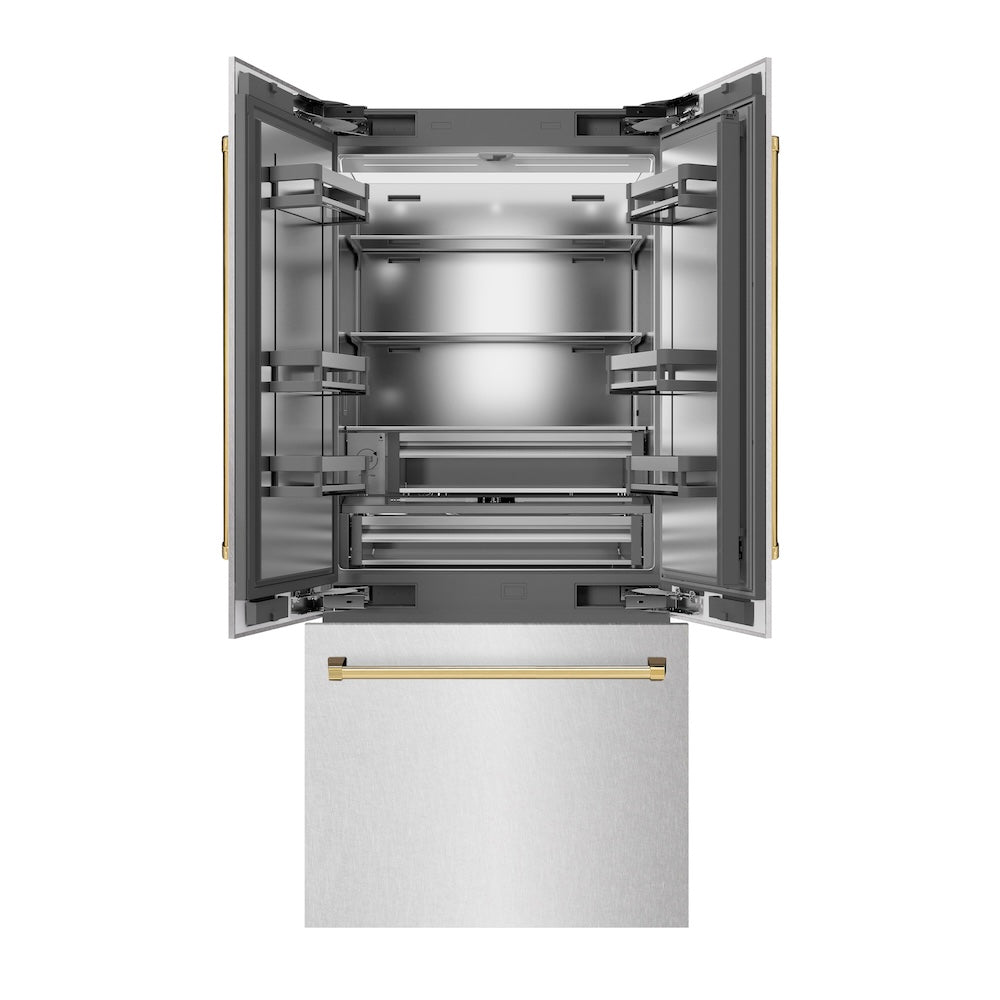 ZLINE Autograph Edition 36 in. 19.6 cu. ft. French Door Built-In Bottom Freezer Refrigerator with Water Dispenser and Ice Maker in Satin Stainless Steel with Stainless Steel Interior and Polished Gold Accents (SRBIVZ-SN-36-G) front, refrigeration compartment and bottom freezer open.