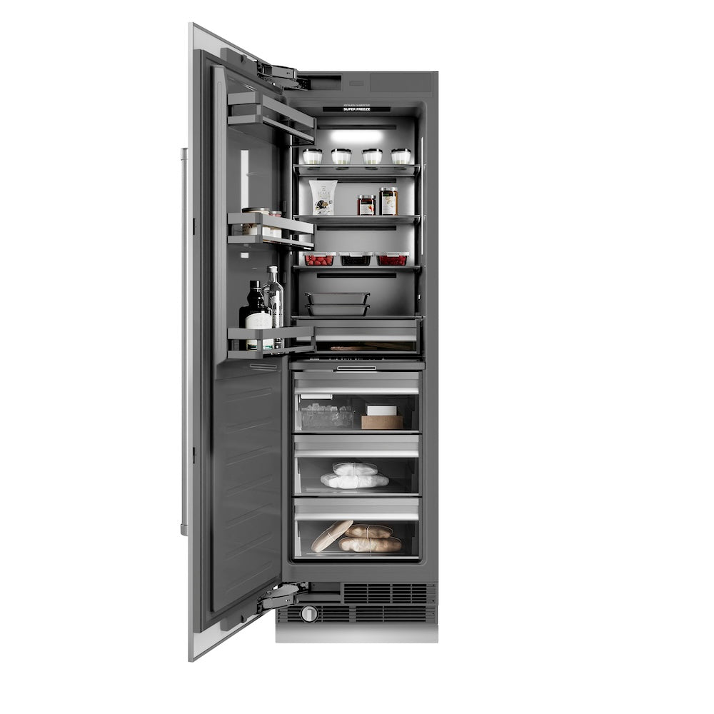 ZLINE 24 in. 12.4 cu. ft. Column Freezer in Stainless Steel with Graphite Gray Interior (RCFV-304-24) front, open, with food inside.