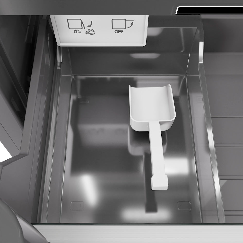 ZLINE 18 in. 8.6 cu. ft. Left Hinge Column Freezer in Stainless Steel with Graphite Gray Interior (RCFVL-304-18) internal ice maker and scoop.