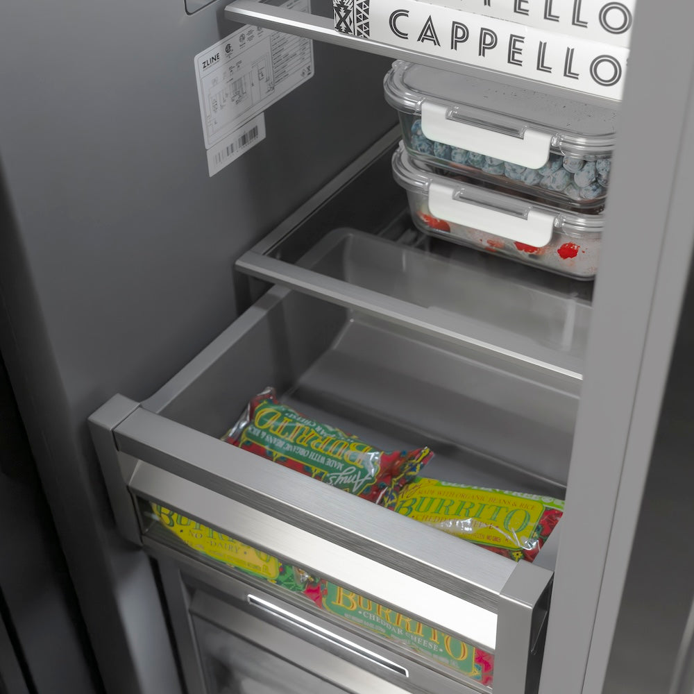 ZLINE Autograph Edition 18 in. 8.6 cu. ft. Left Hinge Column Freezer in Stainless Steel with Graphite Gray Interior and Champagne Bronze Accents (RCFVLZ-30418-CB) shelving with food.
