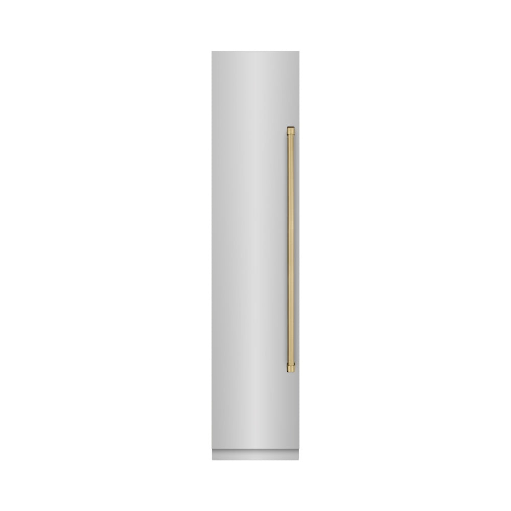 ZLINE Autograph Edition 18 in. 8.6 cu. ft. Left Hinge Column Freezer in Stainless Steel with Graphite Gray Interior and Champagne Bronze Accents (RCFVLZ-30418-CB) front, closed.