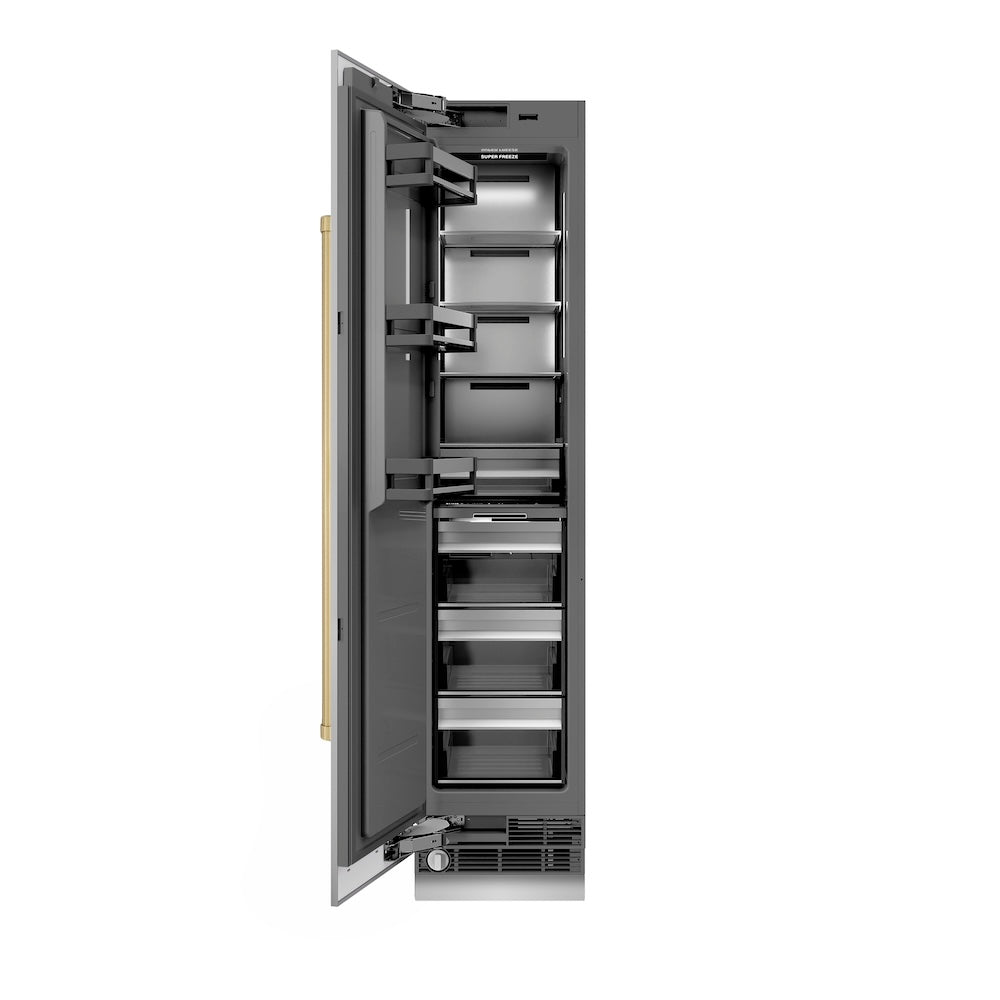 ZLINE Autograph Edition 18 in. 8.6 cu. ft. Left Hinge Column Freezer in Stainless Steel with Graphite Gray Interior and Champagne Bronze Accents (RCFVLZ-30418-CB) front, open.